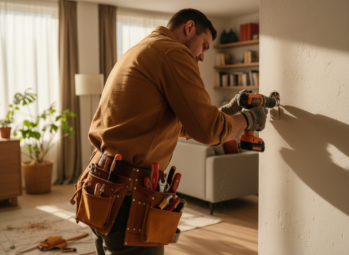 Handyman working on a home repair seen from behind wearing a work shirt and tool belt